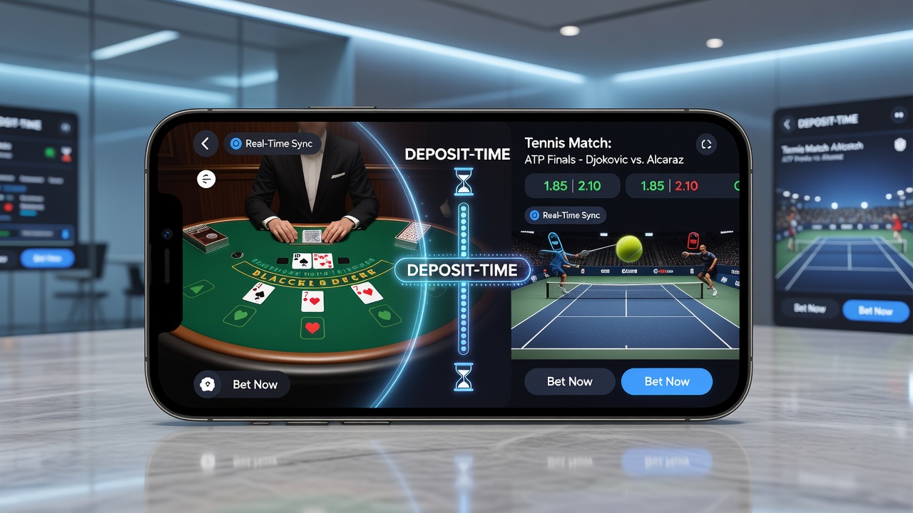 Detailansicht einer mobilen Oberfläche mit Live-Blackjack, Tennisquoten und aktiviertem Belohnungstrigger nach Einzahlung