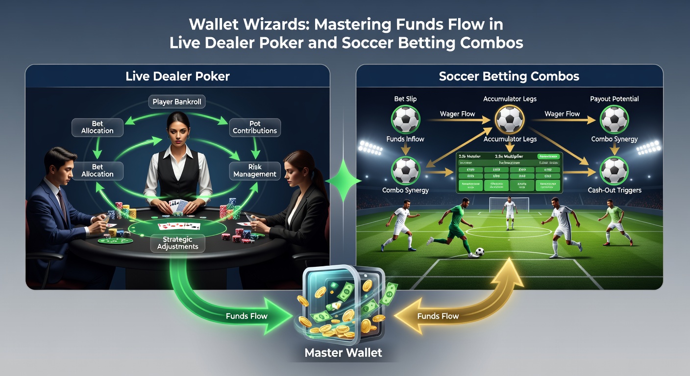 Detaillierte Infografik mit Pfeilen, die Geldströme von Soccer-Wetten zu Live-Poker-Tischen und umgekehrt darstellen, inklusive Zahlungssymbolen wie Karten und Crypto-Icons